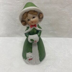 VTG Jasco Merri Bell Holiday Porcelain Figurine Christmas Caroler Green Dress